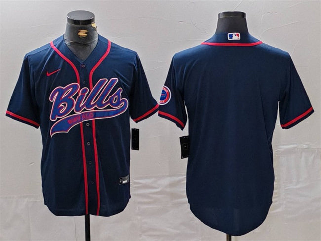 Custom Men’s Buffalo Bills Blank Navy With Patch Cool Base Stitched Baseball Jersey