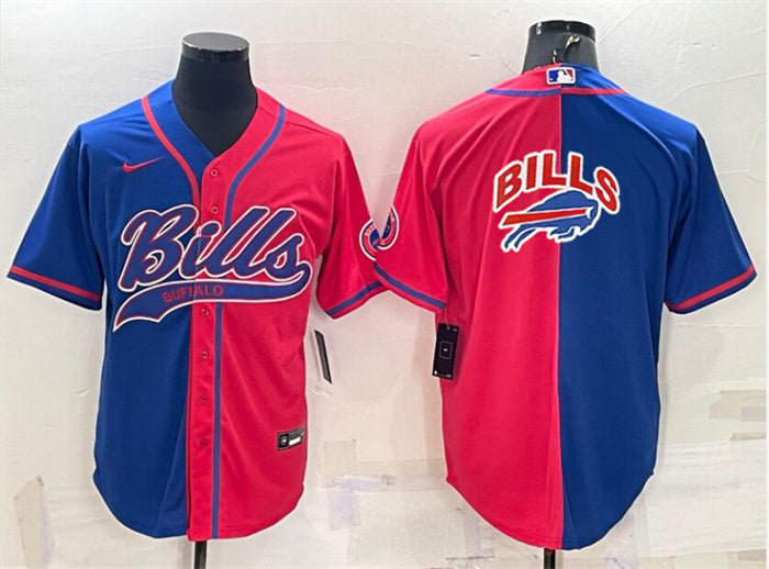 Custom Men’s Buffalo Bills Blank Royal Red Split Team Big Logo With Patch Cool Base Stitched Baseball Jersey