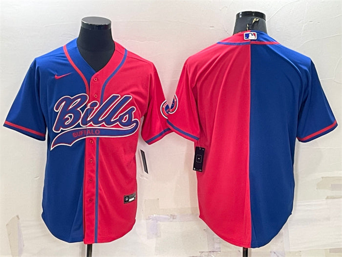 Custom Men’s Buffalo Bills Blank Royal Red Split With Patch Cool Base Stitched Baseball Jersey