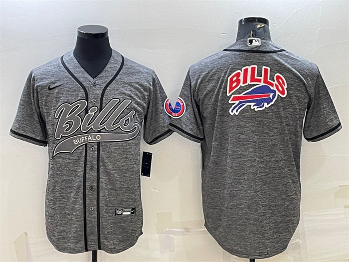 Custom Men’s Buffalo Bills Grey Team Big Logo With Patch Cool Base Stitched Baseball Jersey
