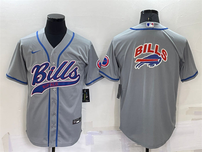 Custom Men’s Buffalo Bills Grey Team Big Logo With Patch Cool Base Stitched Baseball Jersey