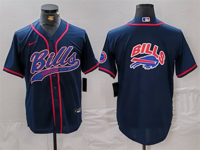 Custom Men’s Buffalo Bills Navy Team Big Logo With Patch Cool Base Stitched Baseball Jersey