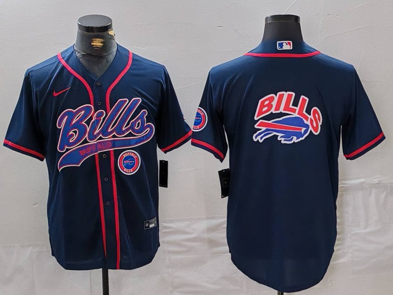 Custom Men’s Buffalo Bills Navy Team Big Logo With Patch Cool Base Stitched Baseball Jerseys