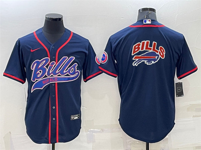 Custom Men’s Buffalo Bills Navy Team Big Logo With Patch Cool Base Stitched Baseball Jersey