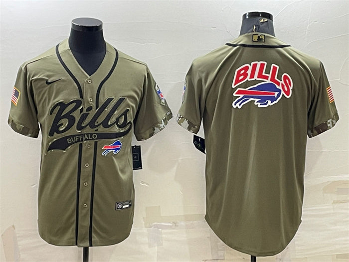 Custom Men’s Buffalo Bills Olive Salute To Service Team Big Logo Cool Base Stitched Baseball Jersey