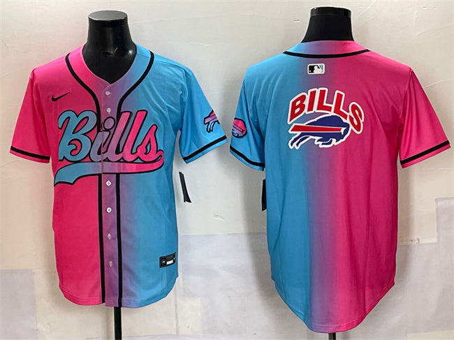 Custom Men’s Buffalo Bills Team Big Logo Pink Blue Limited Stitched Baseball Jersey