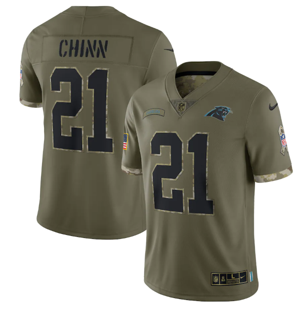 Custom Men’s Carolina Panthers #21 Jeremy Chinn Olive 2022 Salute To Service Limited Stitched Jersey