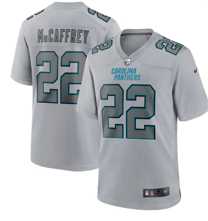 Custom Men’s Carolina Panthers #22 Christian McCaffrey Grey Atmosphere Fashion Stitched Game Jersey