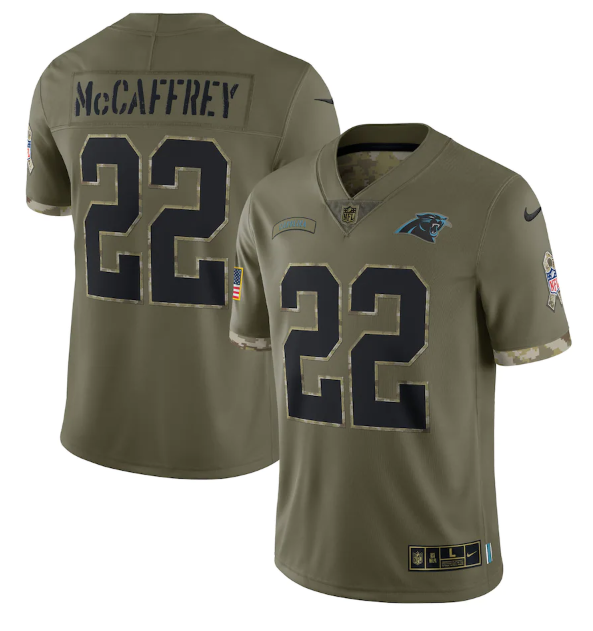 Custom Men’s Carolina Panthers #22 Christian McCaffrey Olive 2022 Salute To Service Limited Stitched Jersey