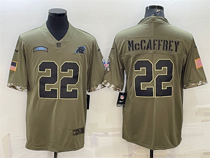 Custom Men’s Carolina Panthers #22 Christian McCaffrey Olive 2022 Salute To Service Limited Stitched Jersey
