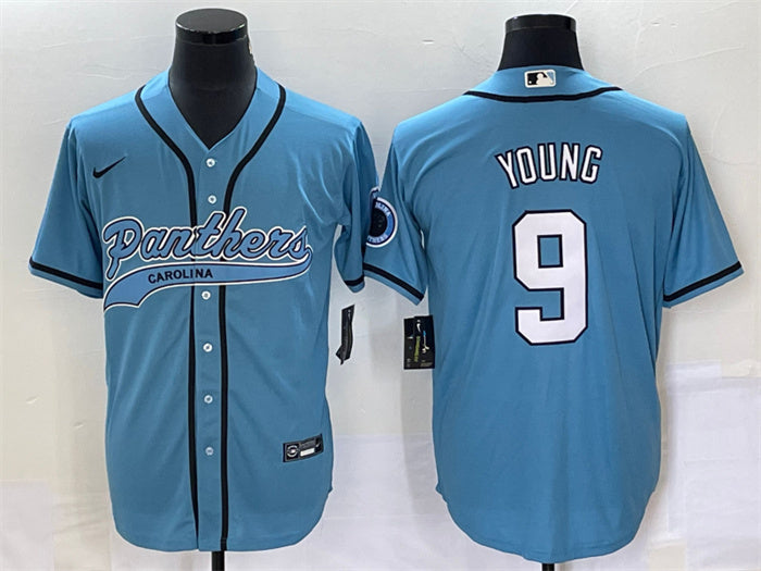 Custom Men’s Carolina Panthers #9 Bryce Young Blue With Patch Cool Base Stitched Baseball Jersey