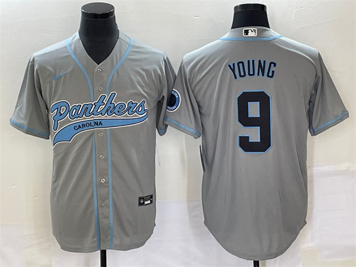 Custom Men’s Carolina Panthers #9 Bryce Young Gray With Patch Cool Base Stitched Baseball Jersey