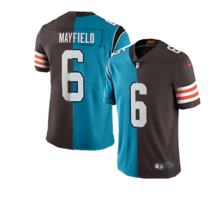 Custom Men’s Carolina Panthers & Cleveland Browns #6 Baker Mayfield Splite Blue&Brown Vapor Untouchable Limited Jersey