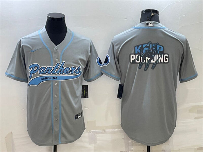 Custom Men’s Carolina Panthers Grey Team Big Logo With Patch Cool Base Stitched Baseball Jersey
