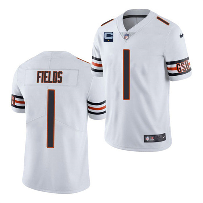 Custom Men’s Chicago Bears #1 Justin Fields 2022 White With 1-Star C Patch Vapor Untouchable Limited Stitched Jersey