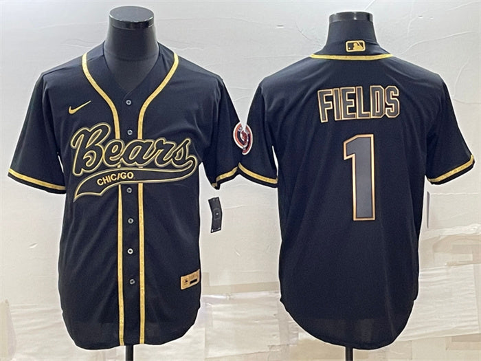 Custom Men’s Chicago Bears #1 Justin Fields Black Gold With Patch Cool Base Stitched Baseball Jersey