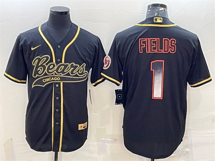 Custom Men’s Chicago Bears #1 Justin Fields Black Gold With Patch Cool Base Stitched Baseball Jersey