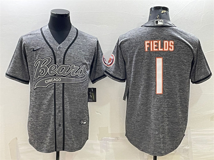 Custom Men’s Chicago Bears #1 Justin Fields Grey With Patch Cool Base Stitched Baseball Jersey