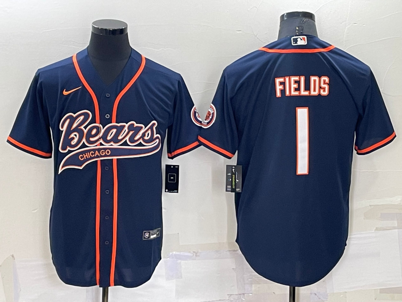 Custom Men’s Chicago Bears #1 Justin Fields Navy Cool Base Stitched Baseball Jersey