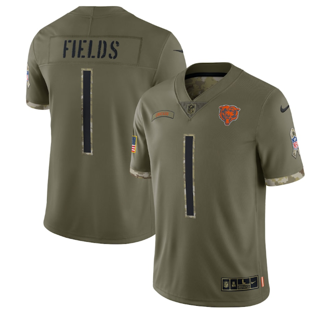 Custom Men’s Chicago Bears #1 Justin Fields Olive 2022 Salute To Service Limited Stitched Jersey