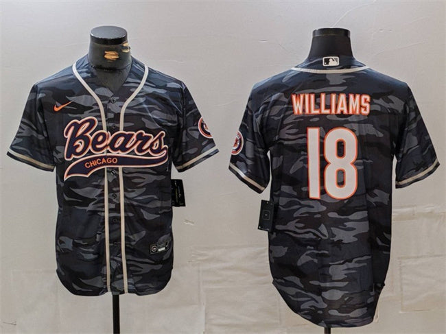 Custom Men’s Chicago Bears #18 Caleb Williams Grey Camo With Patch Cool Base Stitched Baseball Jersey