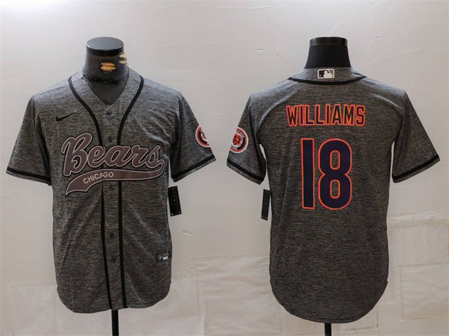 Custom Men’s Chicago Bears #18 Caleb Williams Grey With Patch Cool Base Stitched Baseball Jersey