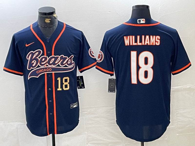 Custom Men’s Chicago Bears #18 Caleb Williams Navy With Patch Cool Base Stitched Baseball Jersey