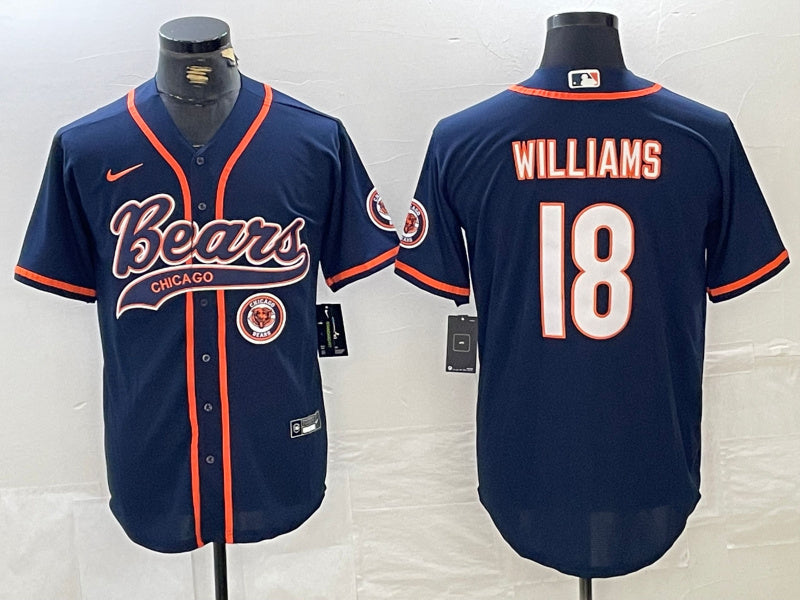 Custom Men’s Chicago Bears #18 Caleb Williams Navy With Patch Cool Base Stitched Baseball Jersey