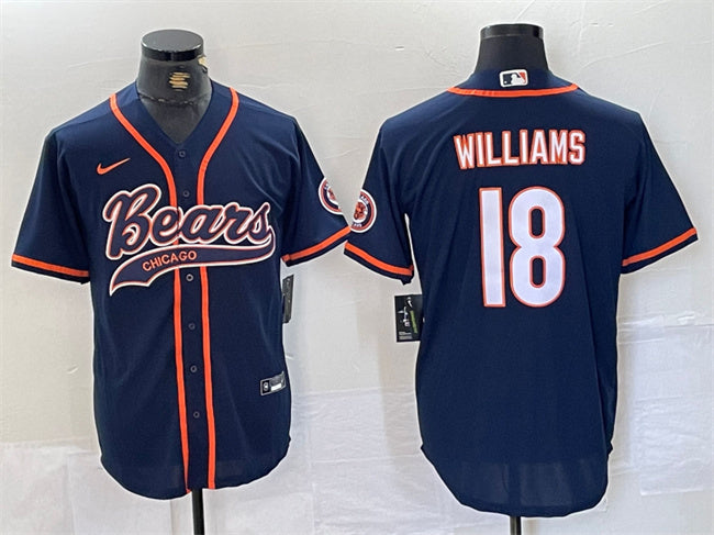 Custom Men’s Chicago Bears #18 Caleb Williams Navy With Patch Cool Base Stitched Baseball Jersey