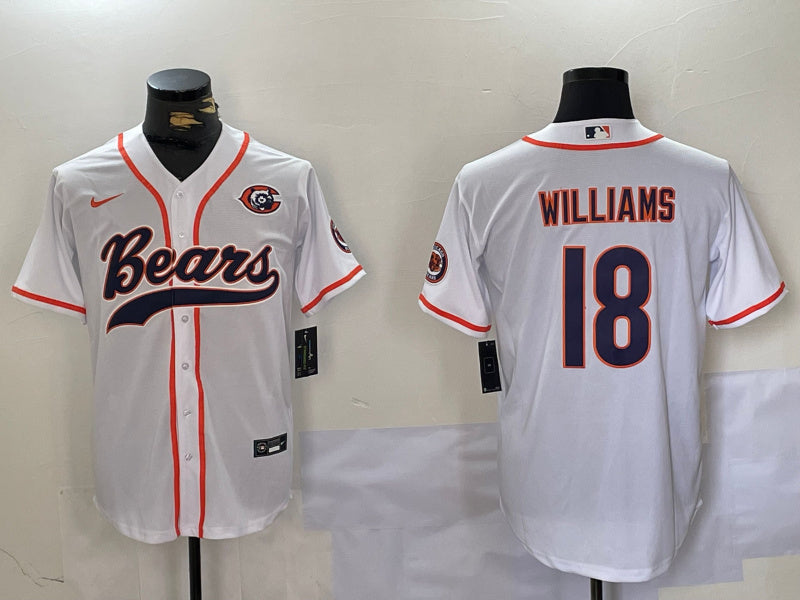 Custom Men’s Chicago Bears #18 Caleb Williams White With Patch Cool Base Stitched Baseball Jersey