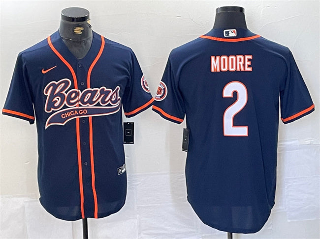 Custom Men’s Chicago Bears #2 DJ Moore Navy With Patch Cool Base Stitched Baseball Jersey