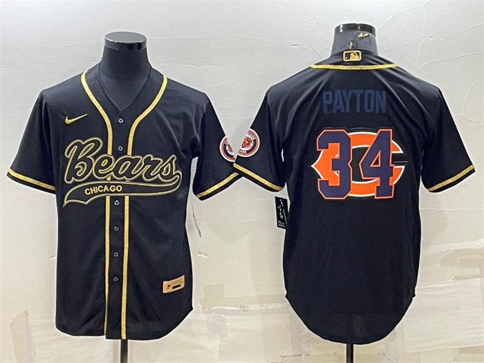 Custom Men’s Chicago Bears #34 Walter Payton Black Gold Team Big Logo With Patch Cool Base Stitched Baseball Jersey