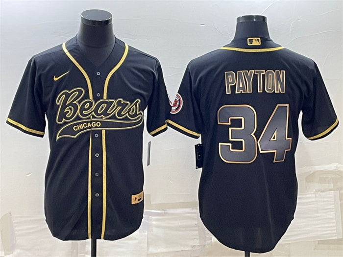 Custom Men’s Chicago Bears #34 Walter Payton Black Gold With Patch Cool Base Stitched Baseball Jersey