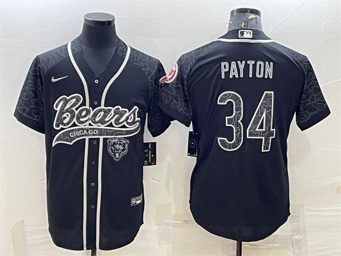 Custom Men’s Chicago Bears #34 Walter Payton Black Reflective With Patch Cool Base Stitched Baseball Jersey