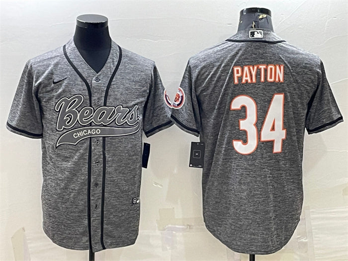 Custom Men’s Chicago Bears #34 Walter Payton Grey With Patch Cool Base Stitched Baseball Jersey