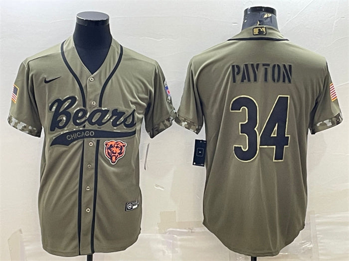 Custom Men’s Chicago Bears #34 Walter Payton Olive 2022 Salute To Service Cool Base Stitched Baseball Jersey