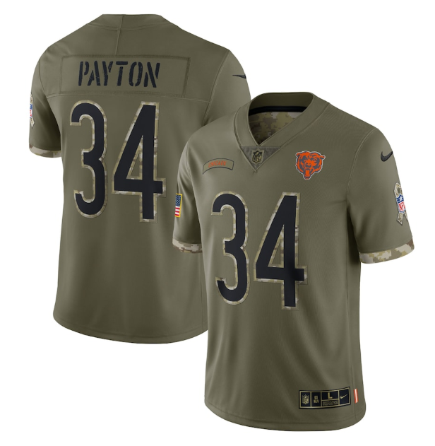 Custom Men’s Chicago Bears #34 Walter Payton Olive 2022 Salute To Service Limited Stitched Jersey
