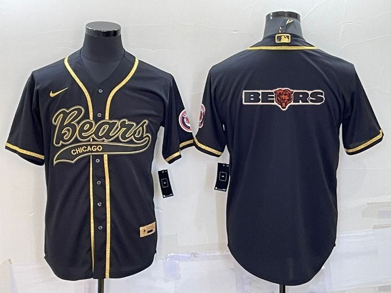 Custom Men’s Chicago Bears Black Gold Team Big Logo With Patch Cool Base Stitched Baseball Jersey