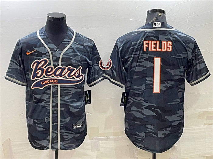 Custom Men’s Chicago Bears Blank #1 Justin Fields Grey Camo With Patch Cool Base Stitched Baseball Jersey 001