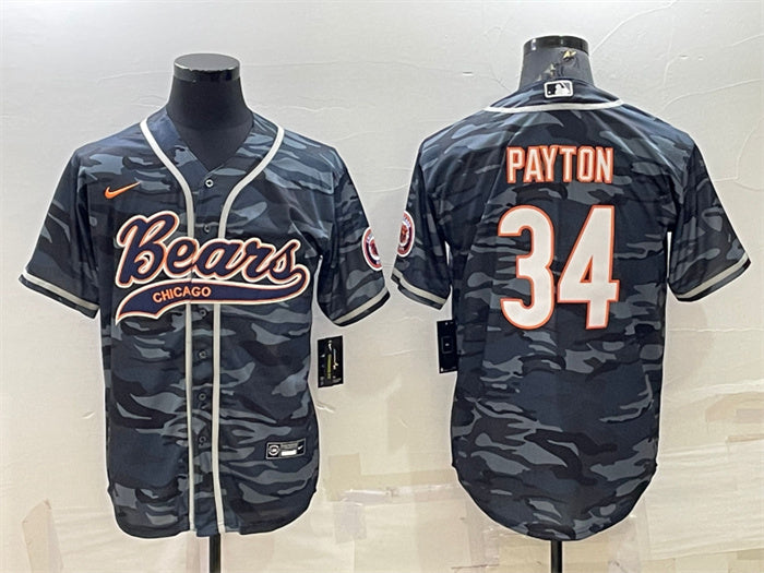 Custom Men’s Chicago Bears Blank #34 Walter Payton Grey Camo With Patch Cool Base Stitched Baseball Jersey 001