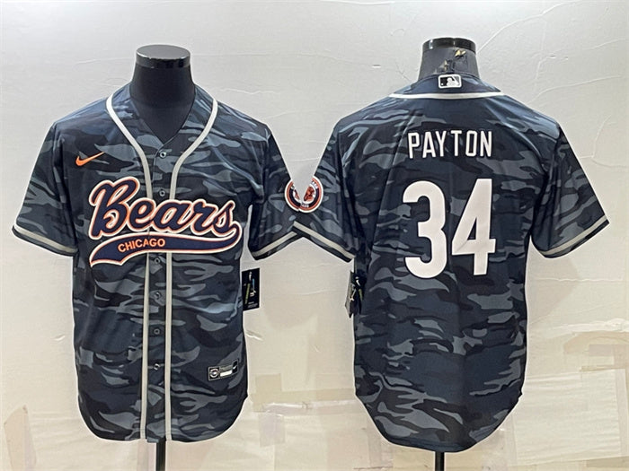 Custom Men’s Chicago Bears Blank #34 Walter Payton Grey Camo With Patch Cool Base Stitched Baseball Jersey