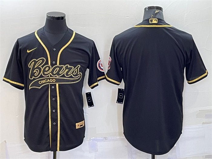 Custom Men’s Chicago Bears Blank Black Gold With Patch Cool Base Stitched Baseball Jersey
