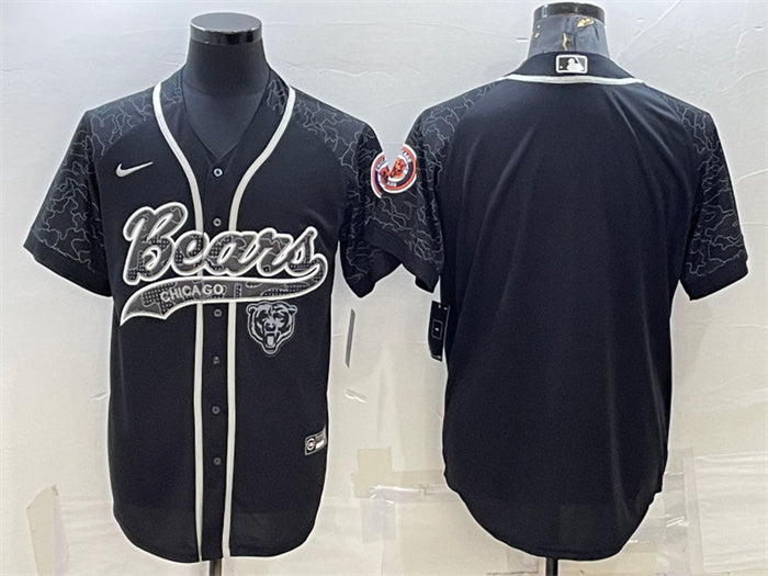 Custom Men’s Chicago Bears Blank Black Reflective With Patch Cool Base Stitched Baseball Jersey