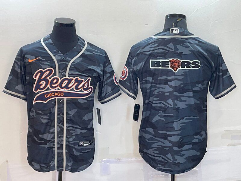 Custom Men’s Chicago Bears Grey Camo Team Big Logo With Patch Cool Base Stitched Baseball Jersey