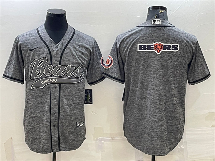 Custom Men’s Chicago Bears Grey Team Big Logo With Patch Cool Base Stitched Baseball Jersey