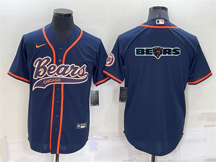 Custom Men’s Chicago Bears Navy Team Big Logo With Patch Cool Base Stitched Baseball Jersey