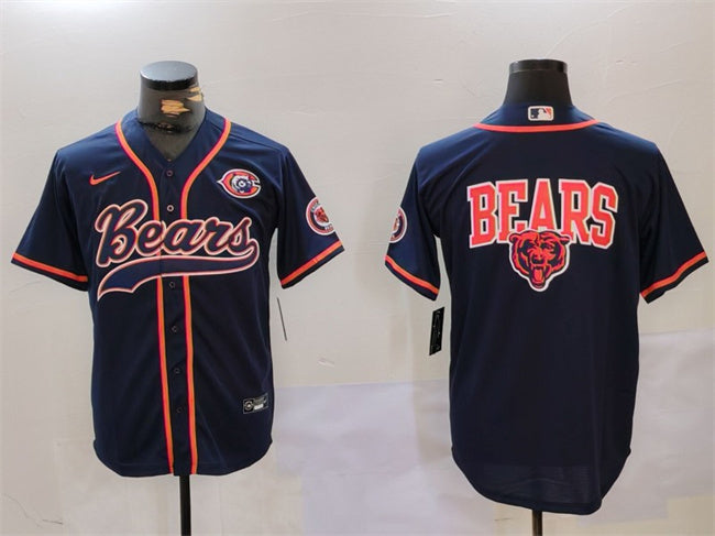 Custom Men’s Chicago Bears Navy Team Big Logo With Patch Cool Base Stitched Baseball Jersey