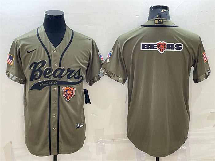 Custom Men’s Chicago Bears Olive 2022 Salute To Service Team Big Logo Cool Base Stitched Baseball Jersey