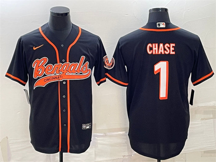 Custom Men’s Cincinnati Bengals #1 Ja’Marr Chase Black With Patch Cool Base Stitched Baseball Jersey
