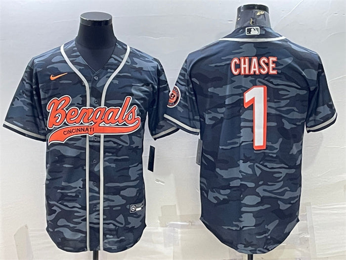 Custom Men’s Cincinnati Bengals #1 Ja’Marr Chase Grey Camo With Patch Cool Base Stitched Baseball Jersey